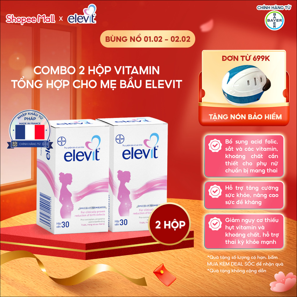 [LS deal] Combo 2 Thực phẩm bảo vệ sức khỏe Elevit bổ sung Acid Folic, Sắt, Canxi, Các Vitamin và Cá