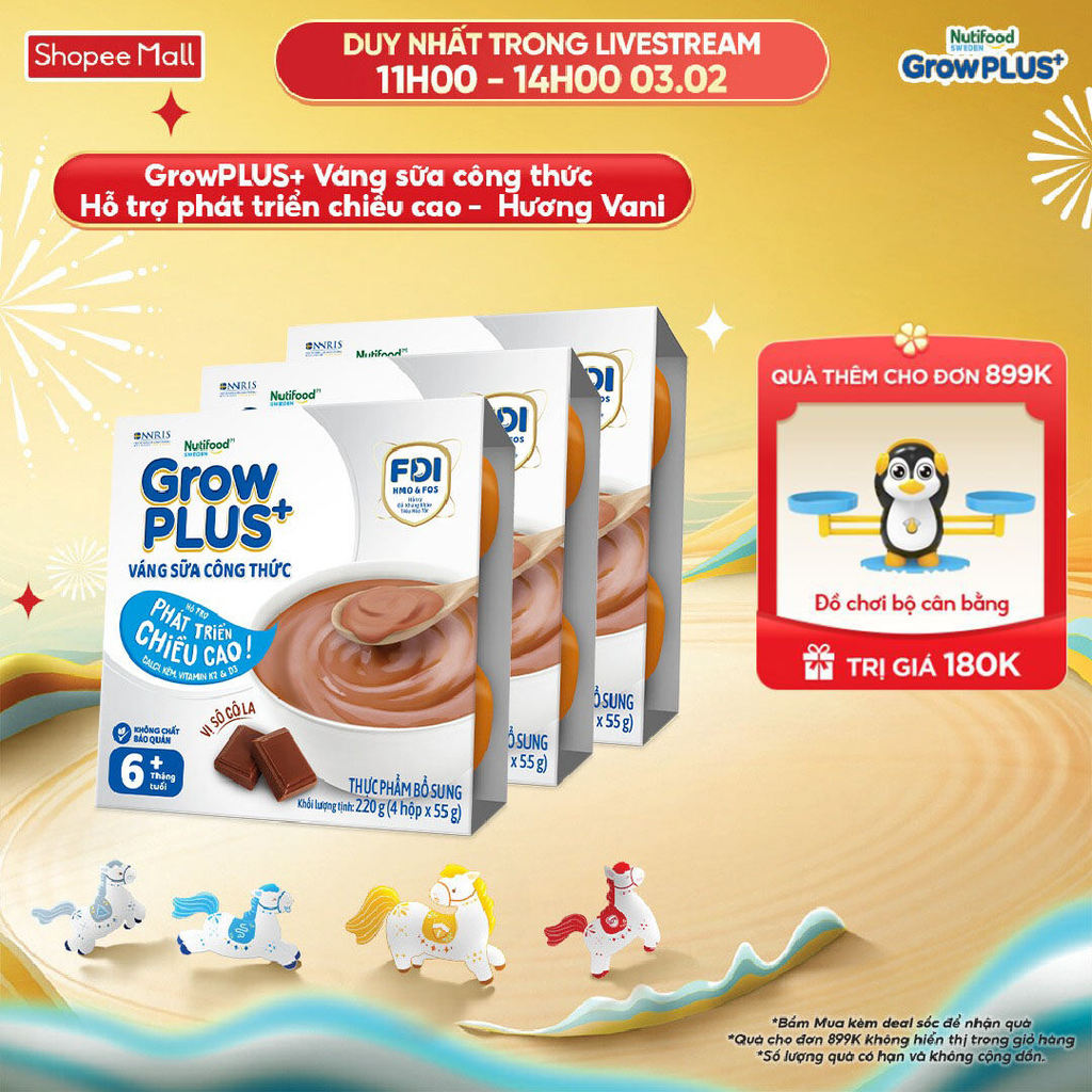 Combo 3 lốc GrowPLUS+ Váng sữa công thức Cao lớn vượt trội Vani & Socola (55g x 12 hộp)