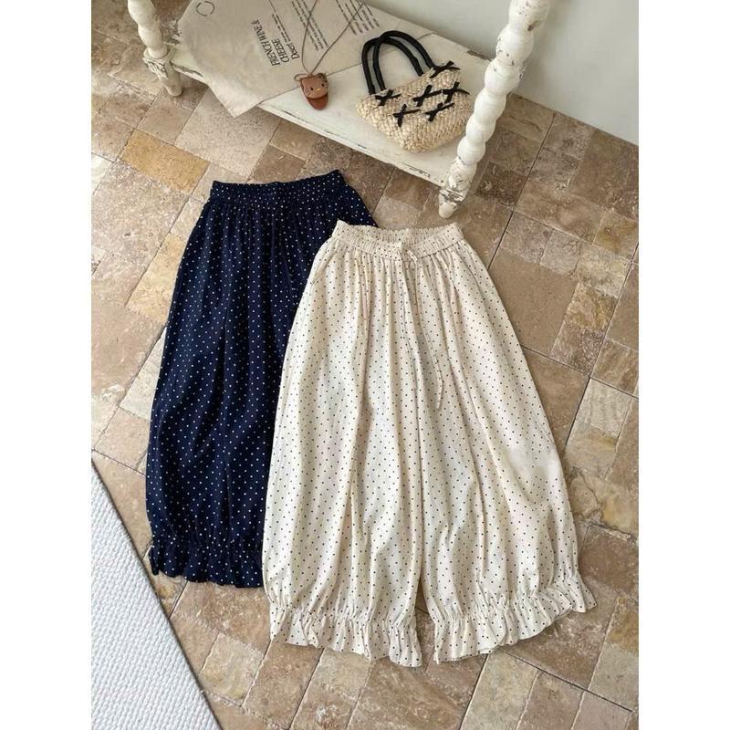 Quần Bom Thụng Nữ Ống Rộng Cạp Chun Dây Rút Họa Tiết Chấm Bi Chất Đũi Mềm, Mát Phối Chân Bèo Tiểu Thư M33