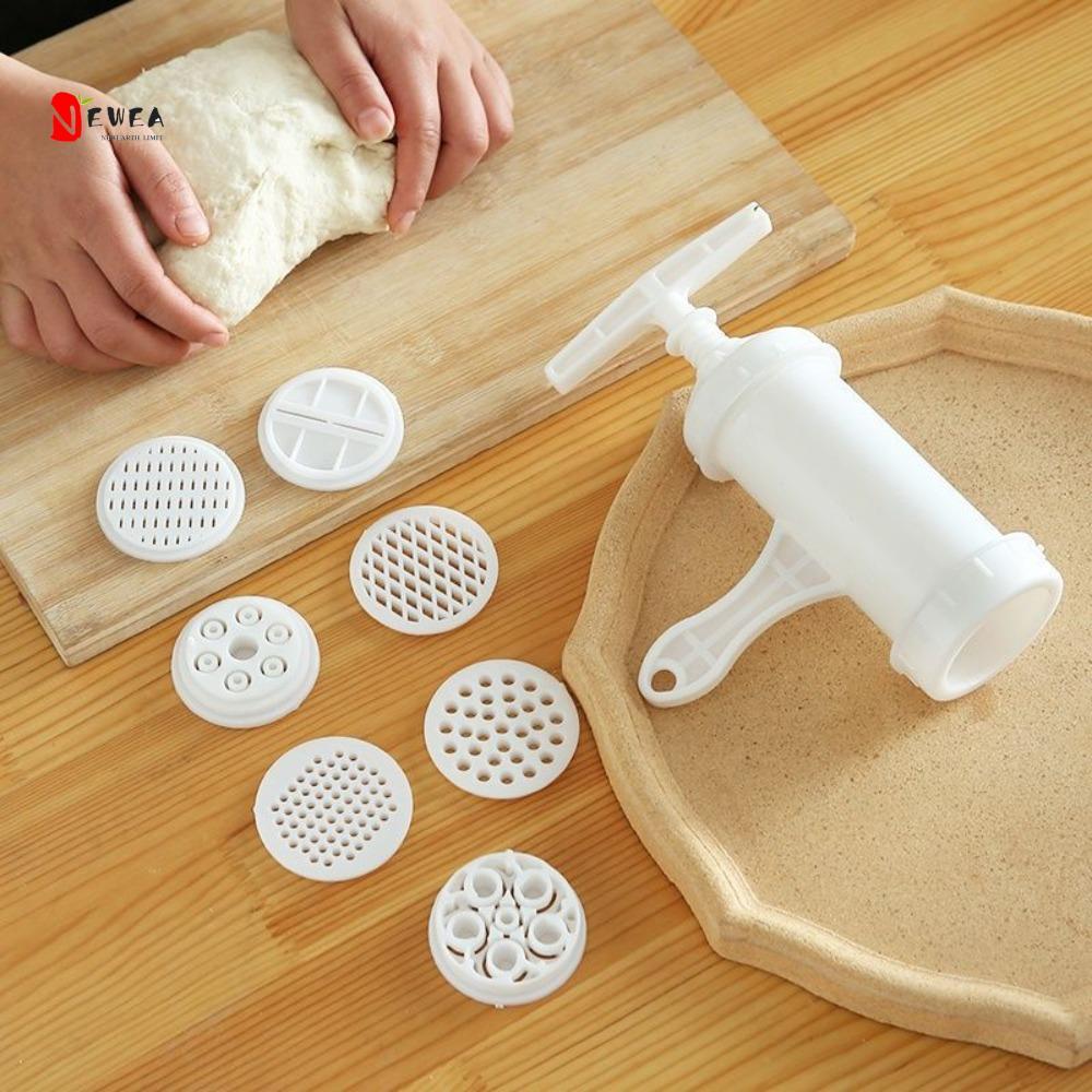 NEWEARTH GIỚI HẠN Máy ép mì, Máy làm mì ống bằng tay màu trắng, Dụng cụ nấu ăn bằng nhựa với 7 khuôn in khác nhau Máy làm mì Nhà hàng