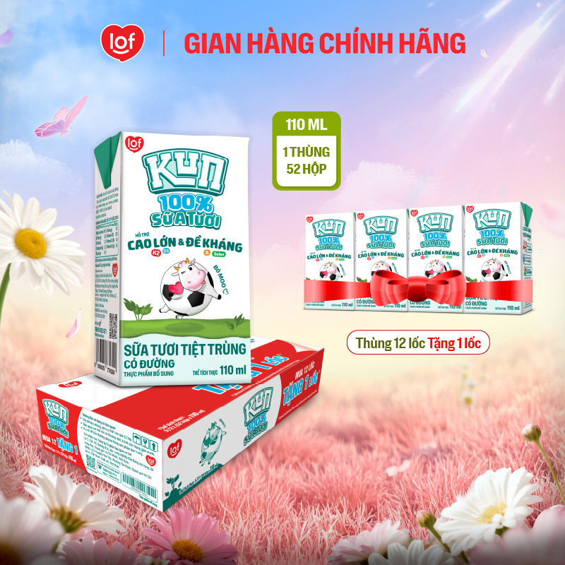 100% sữa tươi KUN có đường thùng 52 hộp x 110ml