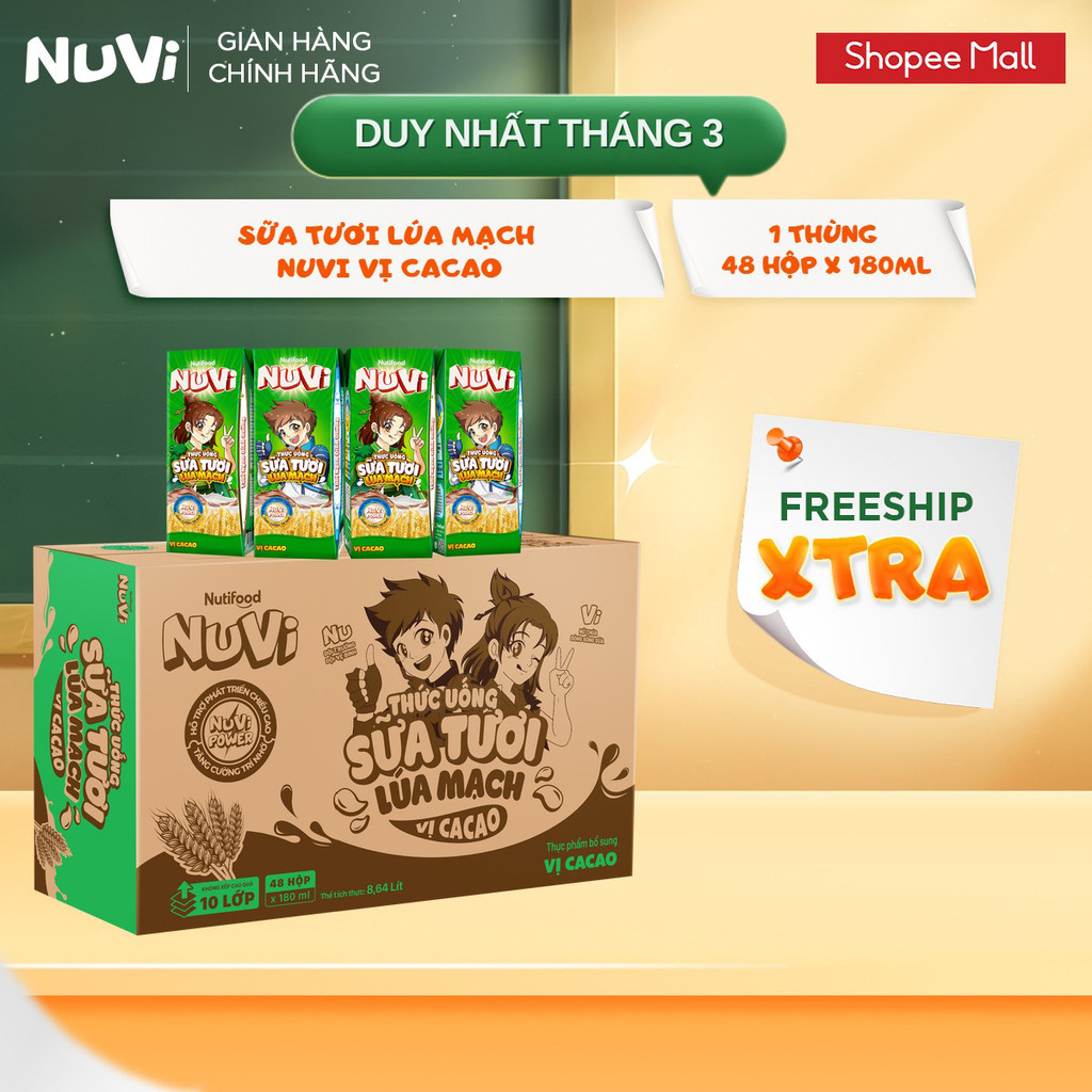Thùng 48 Hộp Thức Uống Sữa Tươi Lúa Mạch NuVi Vị Cacao 110ml