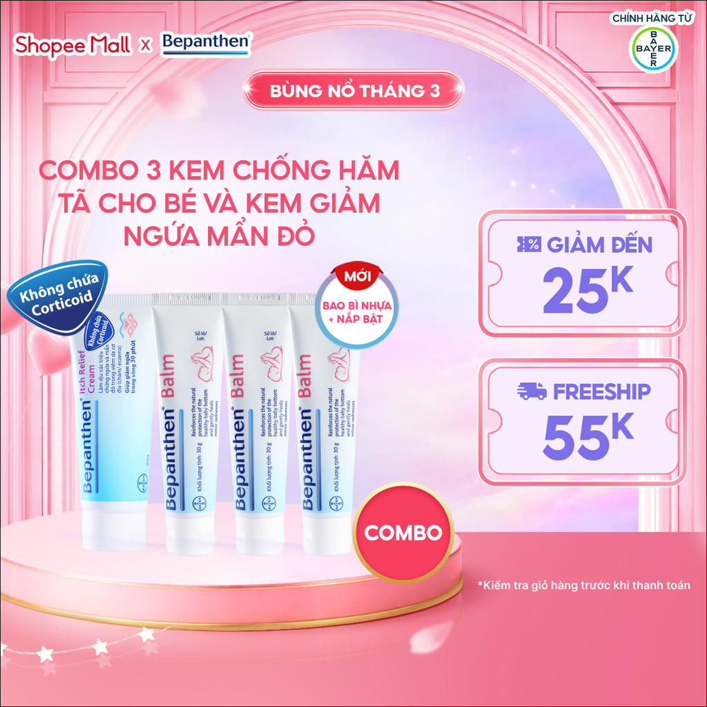 Combo 3 Kem Chống Hăm BEPANTHEN Balm Dạng Kem Mỡ Tuýp 30G x3 và Kem Giảm Ngứa BEPANTHEN Itch Relief 