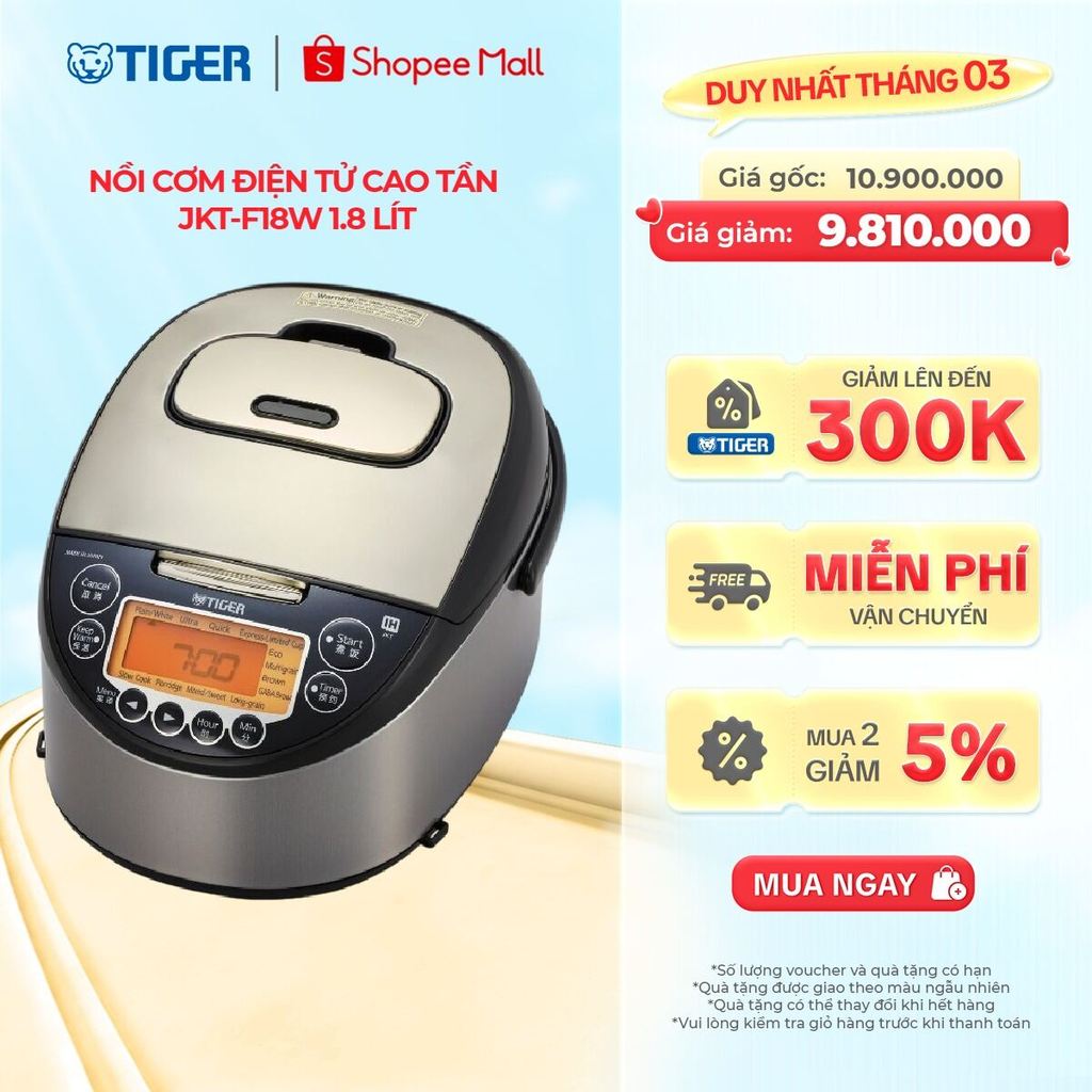Nồi Cơm Điện Tử Cao Tần Tiger JKT-F18W 1.8 lít - Hàng chính hãng