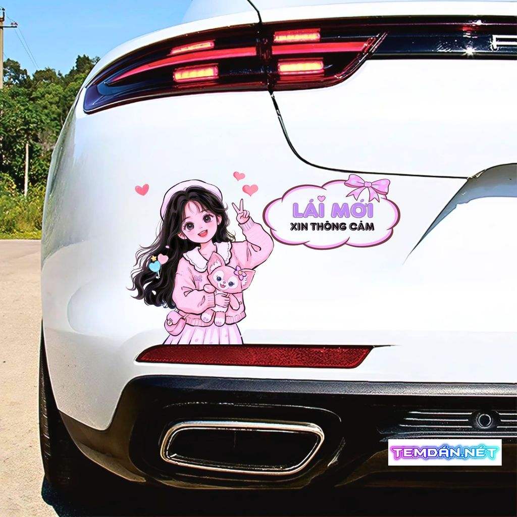 Decal Dán Xe Ô Tô "Lái Mới Xin Thông Cảm" Hình Cô Gái Ôm Gấu Bông  Siêu Dễ Thương Xinh Xắn