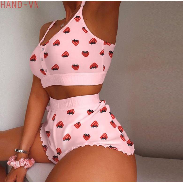 Pajama Set Strawberr Sweet Two-Piece Set Women's Black Black Lips Home Clothes