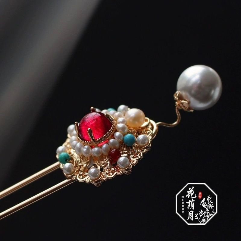 [Fuhua Mirror] Ping Alternative Handmade Hạt nguyên bản Thủy tinh Ngọc lam Kẹp tóc đơn Phong cách cổ