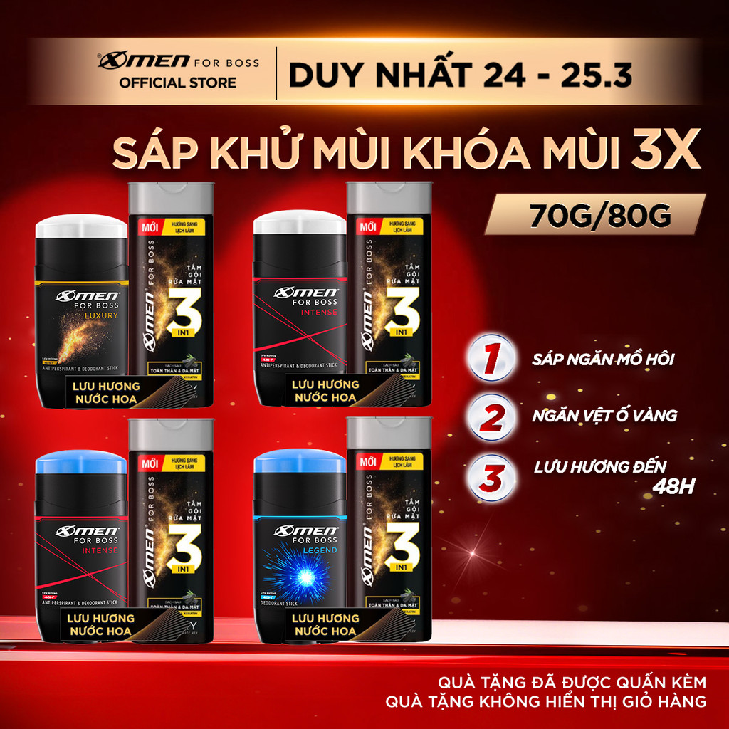 Combo Sáp Khử Mùi XMen For Boss 70g/80g và Tắm Gội Rửa Mặt Luxury 150gx1 - Sáp Thơm Châu Âu
