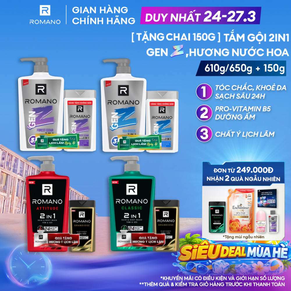 [TẶNG Chai 150G] Tắm gội cho nam 2in1 Romano Gen Z Hương Forest Cedar/ Sea Breeze 610g (Tặng mùi ngẫu nhiên)
