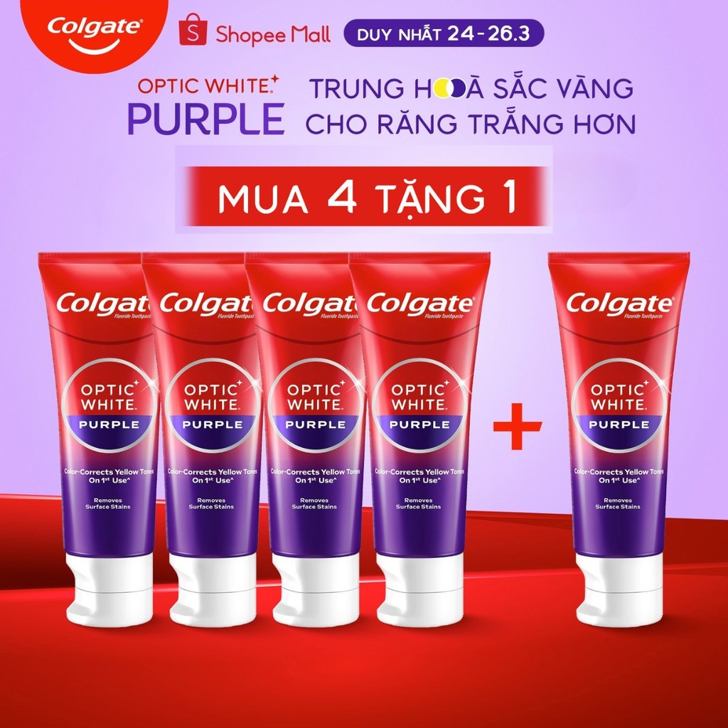Bộ 4 Kem Đánh Răng Colgate trắng răng Optic White Purple 100g công nghệ sắc tím, trung hòa ố vàng tức thì