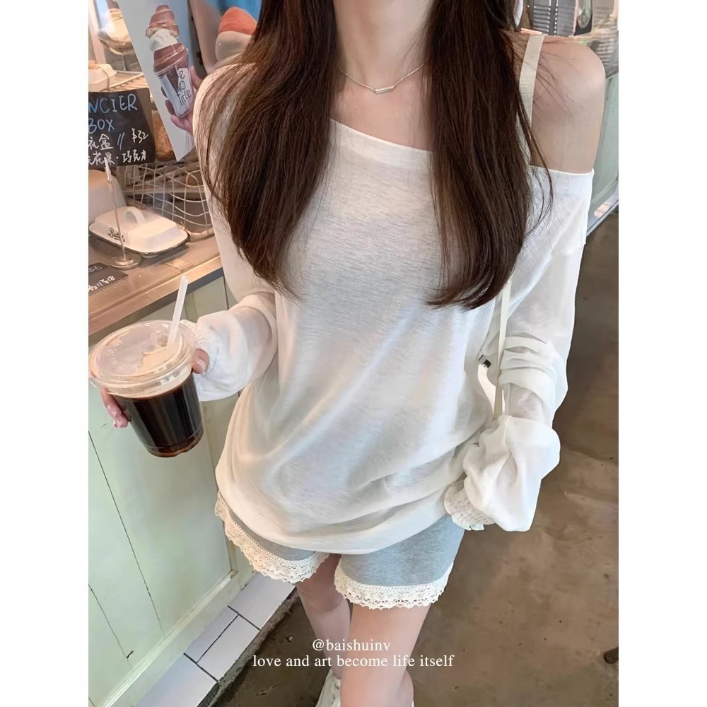 Áo chống nắngTrễ Vai Tay OvesizeDài Kaki Phong Cách Mới Dài Tay Nữ Mùa Hè Mỏng Thiết Kế Top | BigBuy360 - bigbuy360.vn