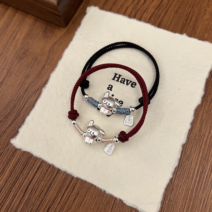 Vòng tay chó con đôi bạc sterling, bộ quà tặng cho bé trai và gái, dây bện màu đỏ