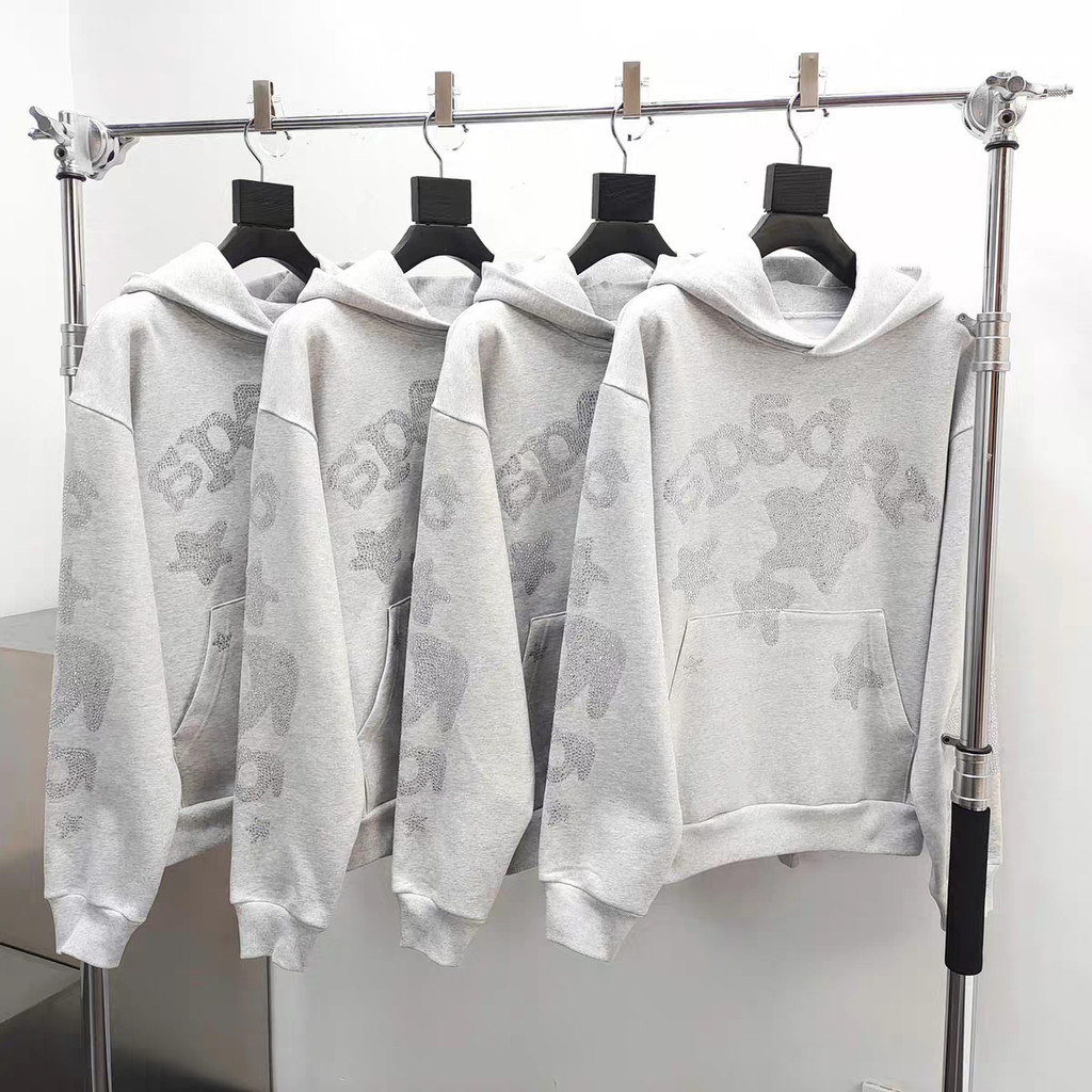 HSS0 Sp5der White Diamond Big Star Light Gray Hoodie Sweatshirt Sweatpants Casual Terry Cotton Set