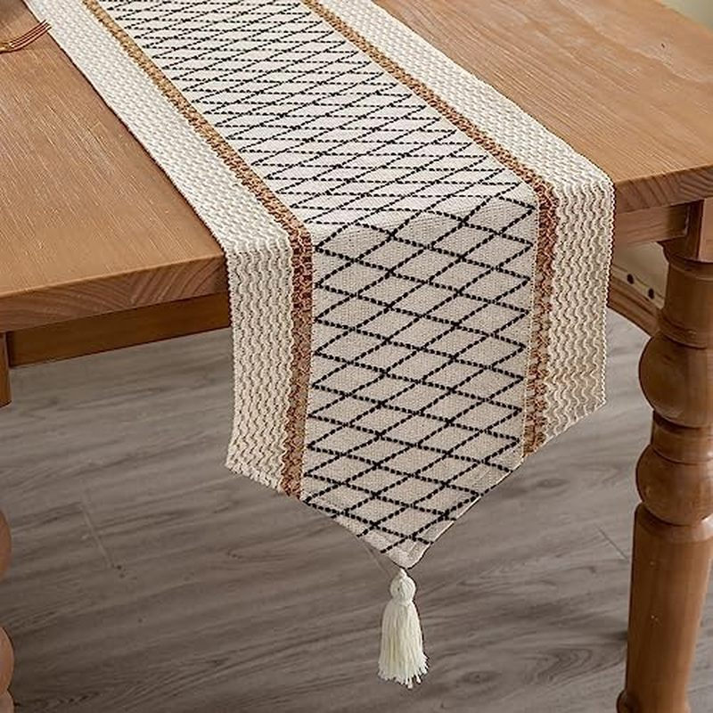 Đầu tuyến tính Table Runner, Phong cách Boho có tua rua, Cotton & Vải Lanh, Fhouse Trang Trí Nhà Khă