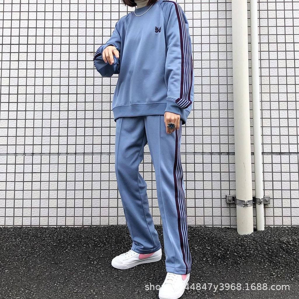 ZNEW Needles Street-style retro webbing school uniform pants for men and women, straight-cut solid c