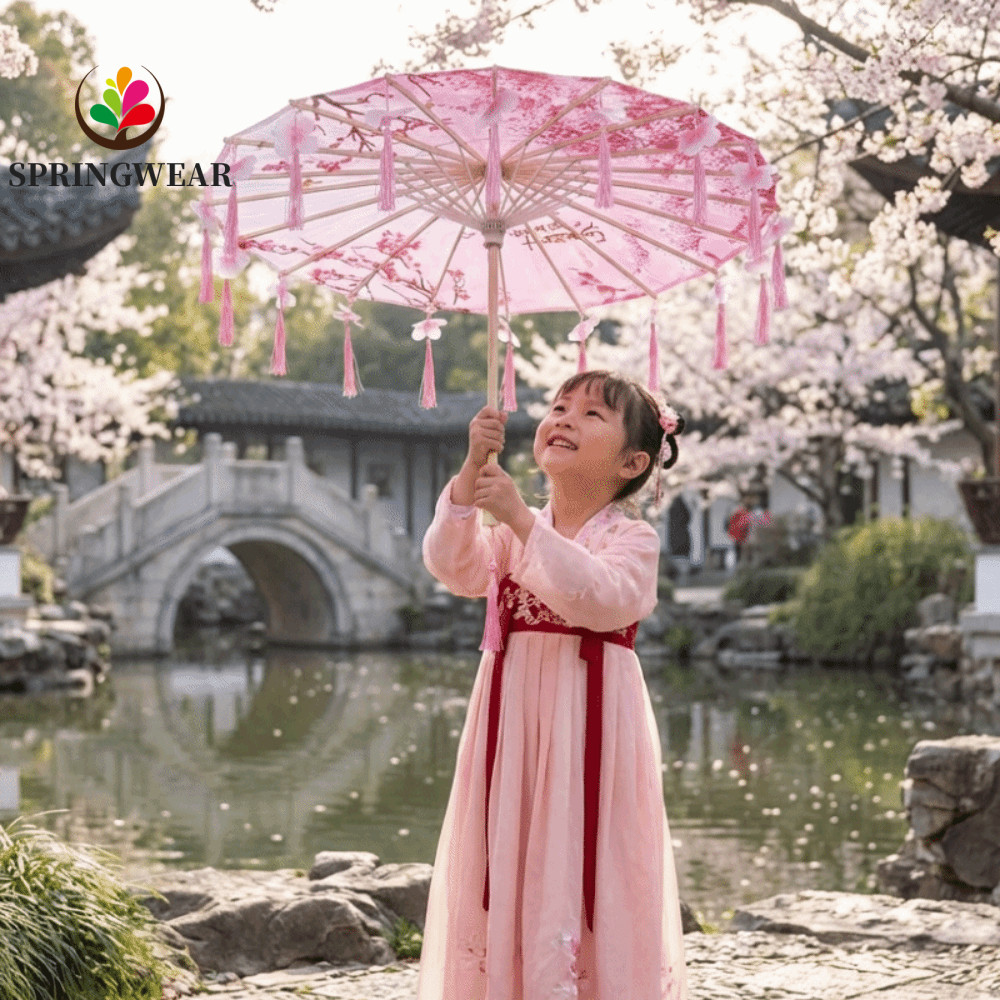 Dù tua rua vải SPRINGWEAR, Dù cổ Trung Quốc phong cách Trung Quốc chống mưa, Cổ 56cm Trang trí chống