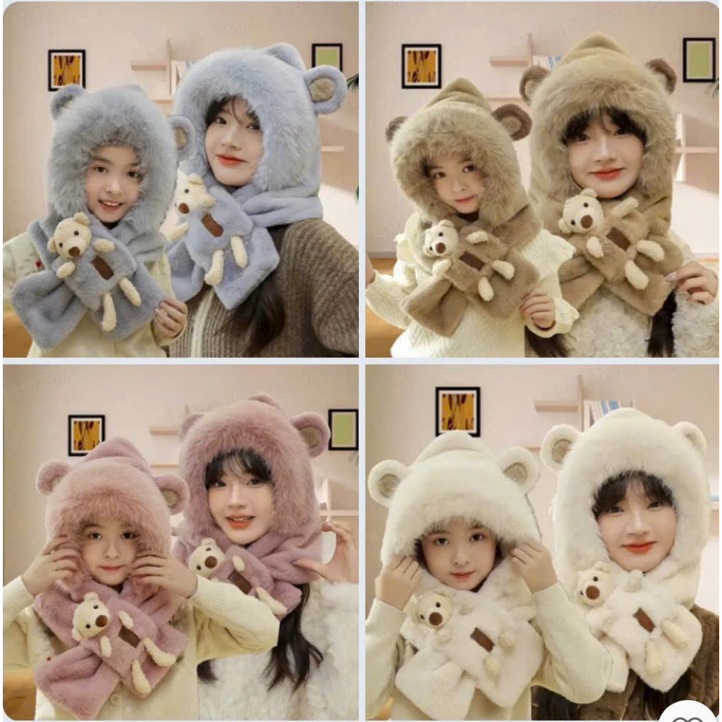 Mũ len nữ kèm khăn quàng cổ có gấu bông cute dễ thương mũ lông cừu giữ ấm tai gấu