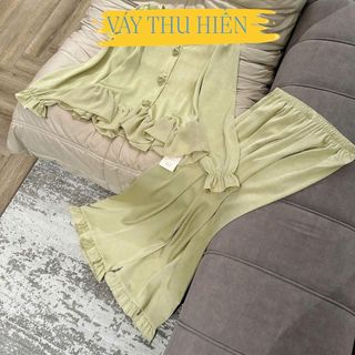 N476- Pijama dài tay lụa tiểu thư gấm xanh bơ phối cúc hoa cho nữ hàng LYLY- Bộ ngủ mặc nhà hàng quảng châu