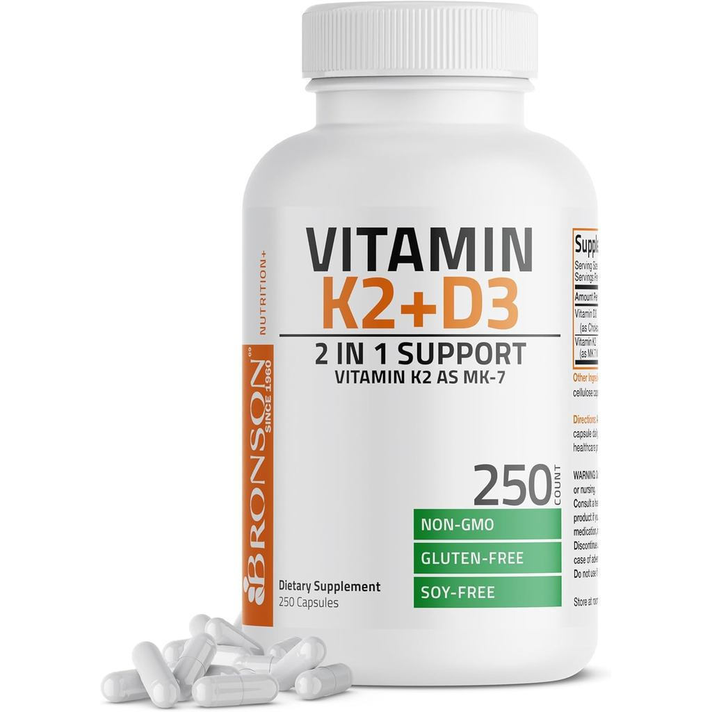 Bronson Vitamin K2 (MK7) và Vitamin D3 Bổ sung Công thức không gen 5000 Đơn vị quốc tế Vitamin D3 và