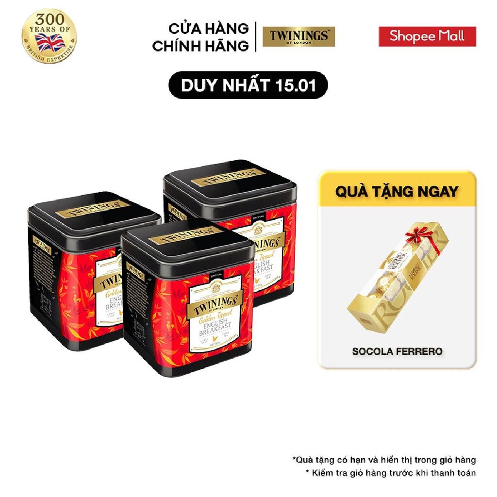 Combo 3 Trà Lá Twinings Golden Tipped English Breakfast - Hộp Thiếc 100G