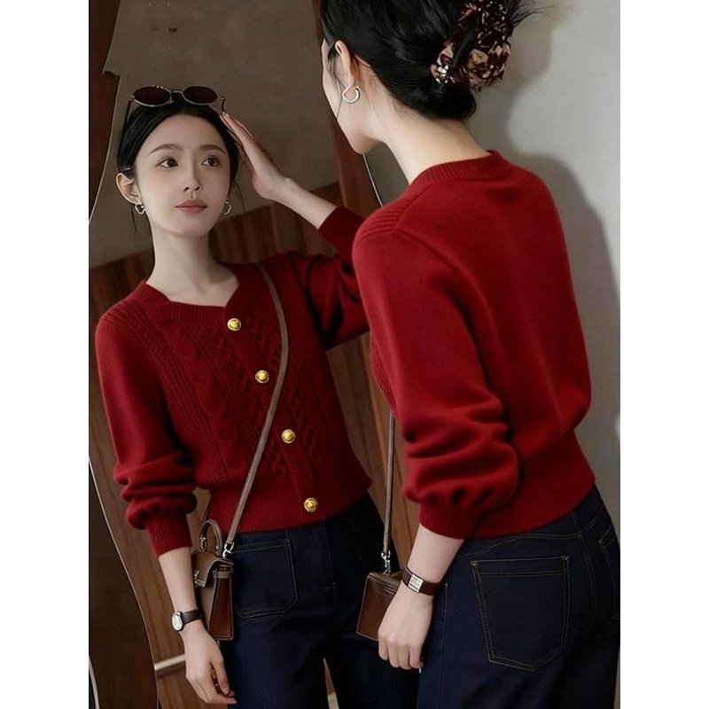 áo croptop len áo croptop len tay dài Áo len xoắn đỏ phong cách Hàn Quốc, phù hợp Thu Đông, dệt kim 