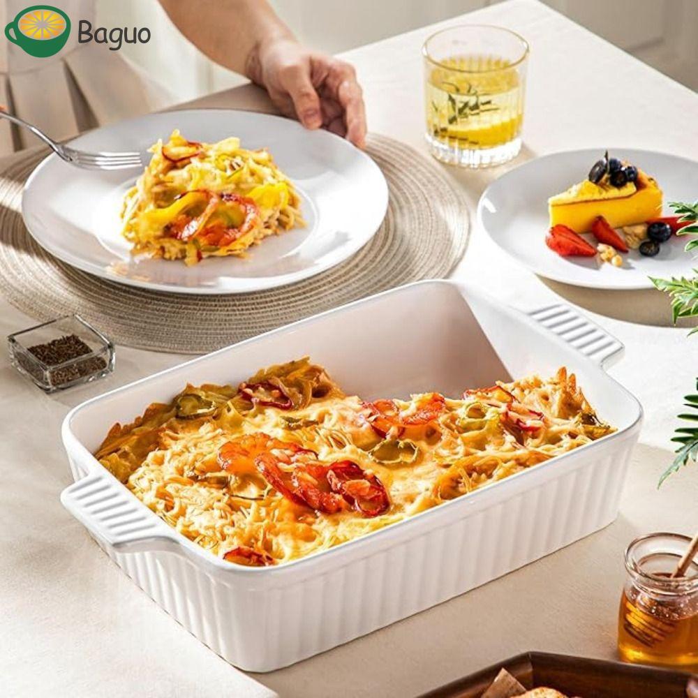 Đĩa nướng BAGUO, Khay nướng gốm hình chữ nhật sâu, dụng cụ nấu ăn có tay cầm họa tiết sọc Lasagna Pa