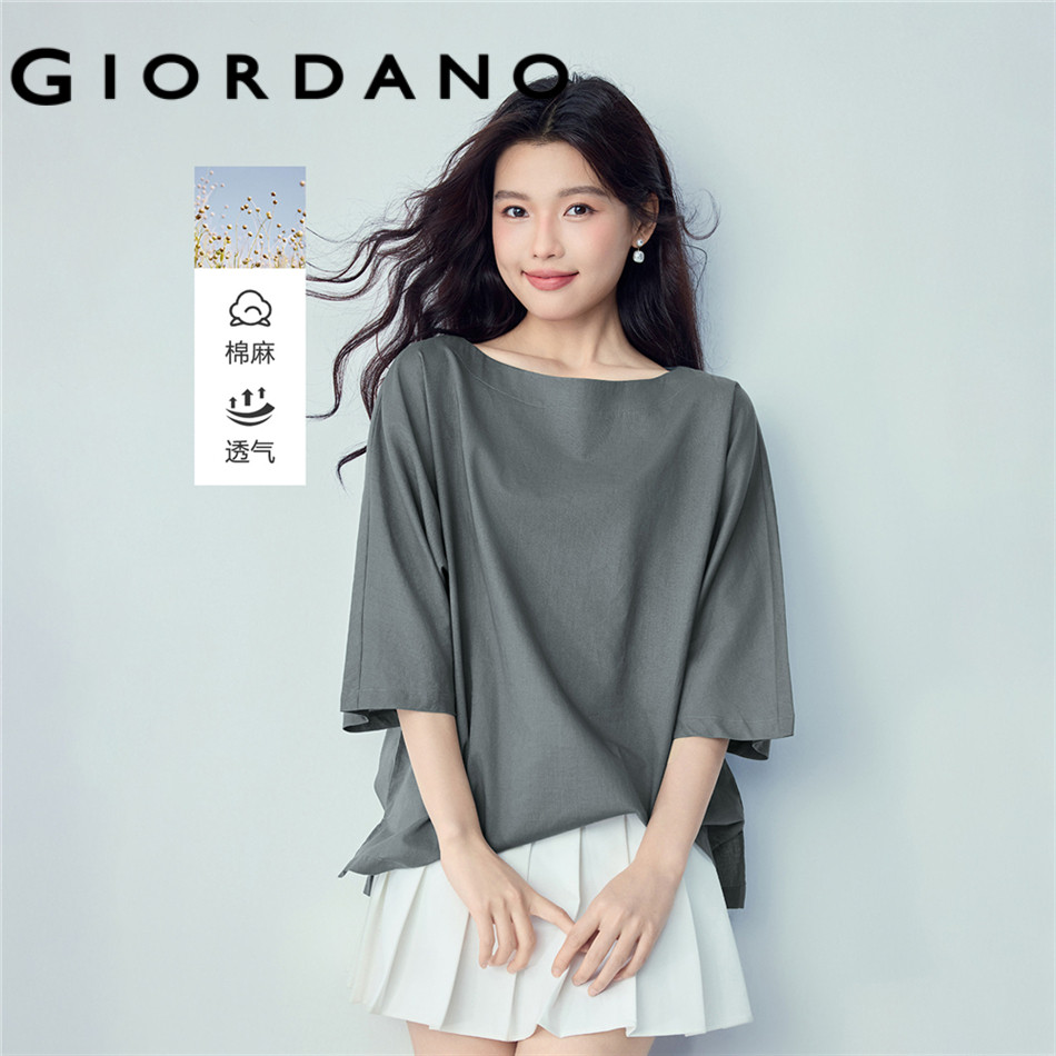 GIORDANO WOMEN Cotton linen boat neck 3/4 sleeve blouse 13346330