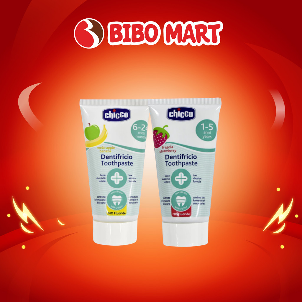 Kem Đánh Răng Chicco Hương Dâu Hương Chuối Táo Không Cay Có Thể Nuốt Được Cho Bé 6-12M - Bibomart