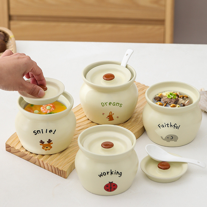Kem Trắng Động Vật Nhỏ Stew Pot Chịu Nhiệt Độ Cao Dày Gốm Stew Pot Thiết Kế Đơn Giản Chống Nước Hấp 