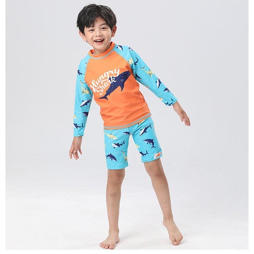 Bộ quần áo bơi cho bé COONGKIDS AT1408 Bộ bơi bé trai dài tay họa tiết Hungry shark kèm mũ 9-35kg