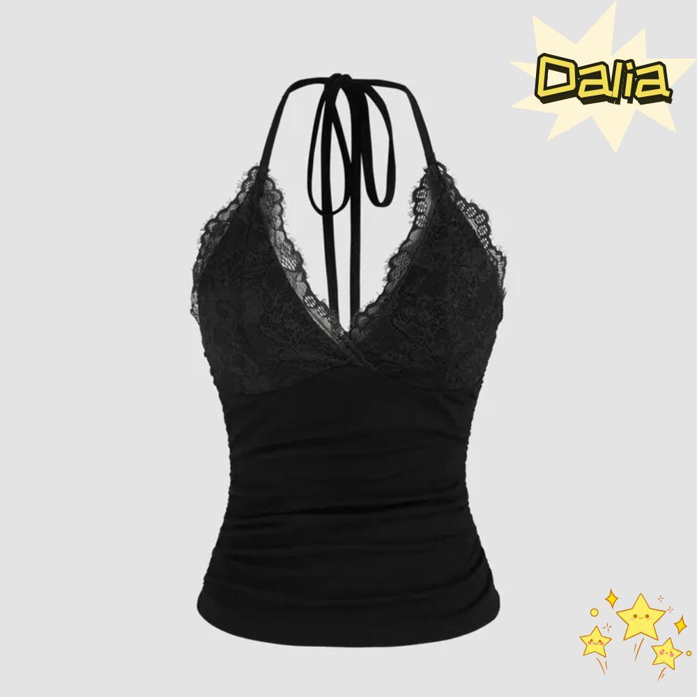 DALIA Cổ Chữ V Tank Top, Ren Ruched Pháp Cổ Chữ V Ren Đen Suspender, Punk Goth Không Tay Dây Top Nữ