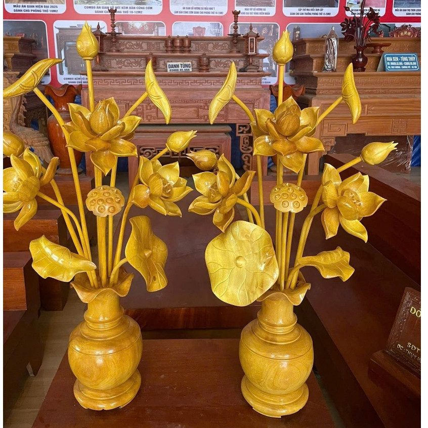 Bình Hoa Sen Gỗ Mít 87cm Cao Cấp – Bình Hoa Bàn Thờ Phật, Bàn Thờ Gia Tiên, Đồ Thờ Phong Thủy.
