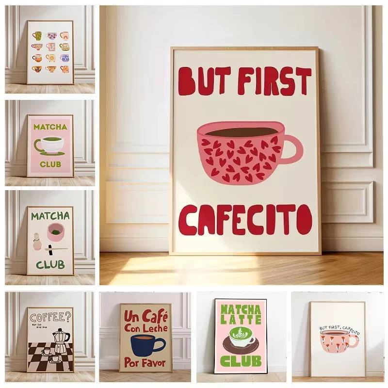 Retro Cà Phê & Matcha Canvas Treo Tường Nghệ Thuật Cafecito & Latte Cup In Để Trang Trí Nhà Bếp