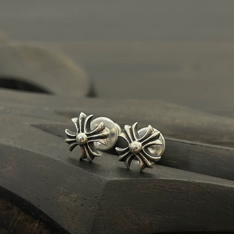 Sterling silver floral cross earrings for men and women, vintage distressed hip-hop style earrings f