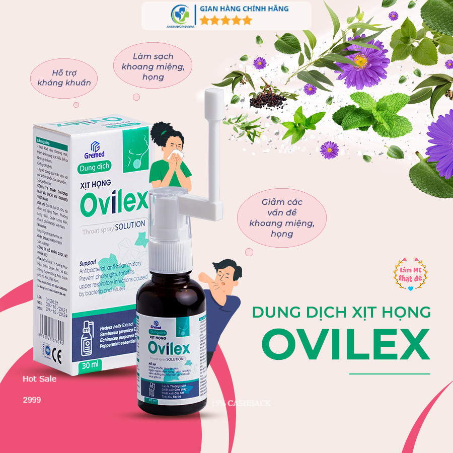 Dung Dịch Xịt Họng thảo dược Ovilex giúp sạch họng, hết lo, chẳng còn lo kháng sinh