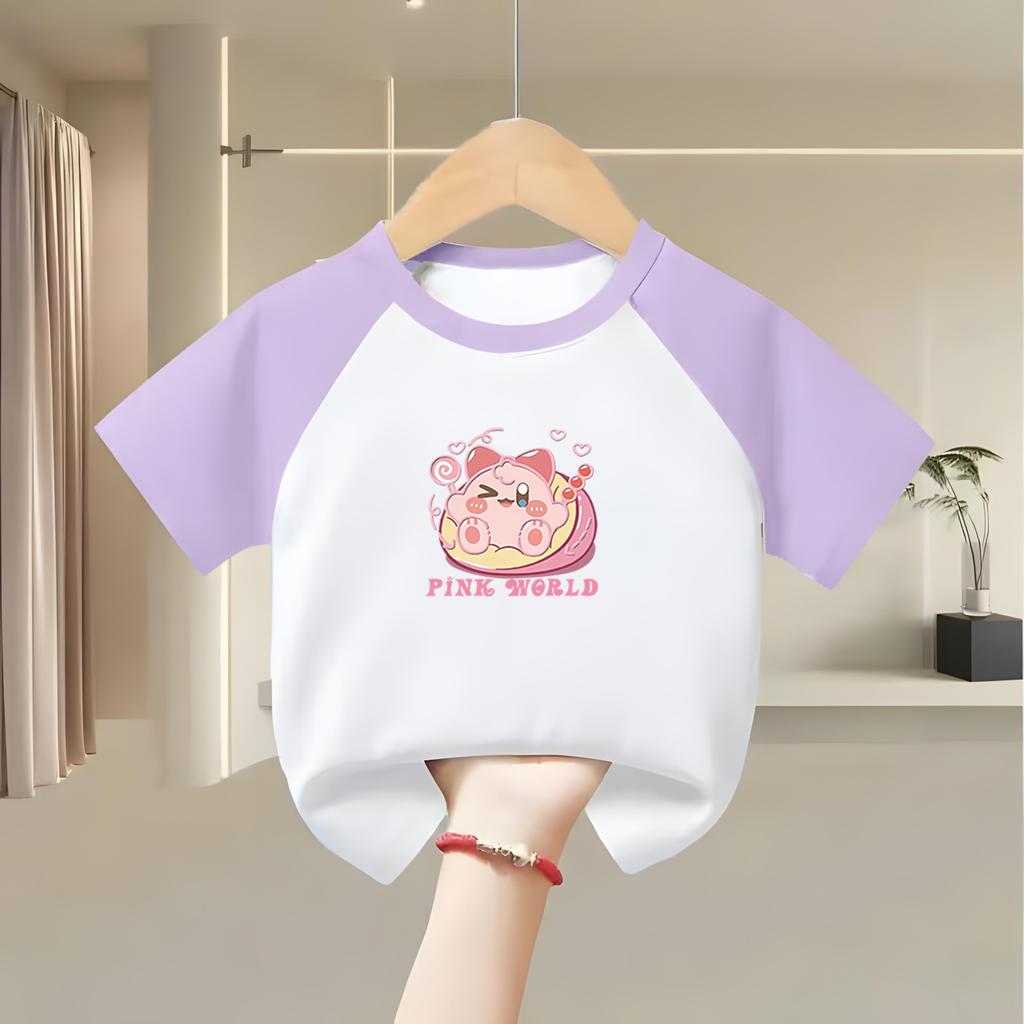 Size 1 up, short sleeves, round neck, kid's tee, fits both genders.