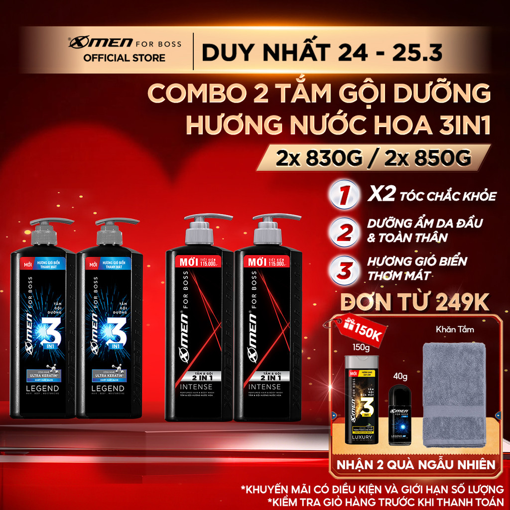 Combo 2 Tắm Gội X-Men for Boss Intense Legend 830g 850g/chai, Hương Nước Hoa Châu Âu