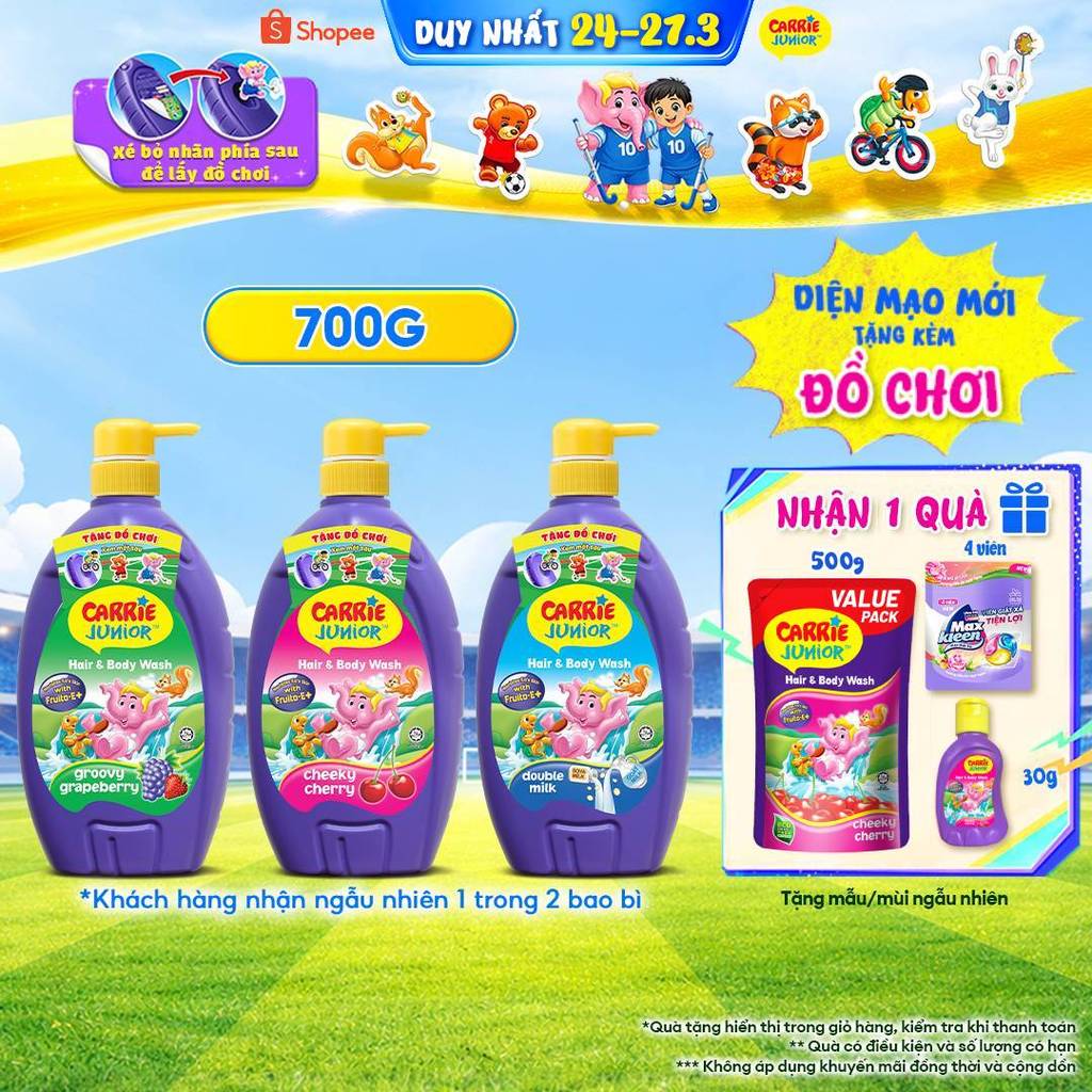 Chai Sữa Tắm Gội cho bé Carrie Junior hương trái cây thiên nhiên 700g - 3 mùi hương