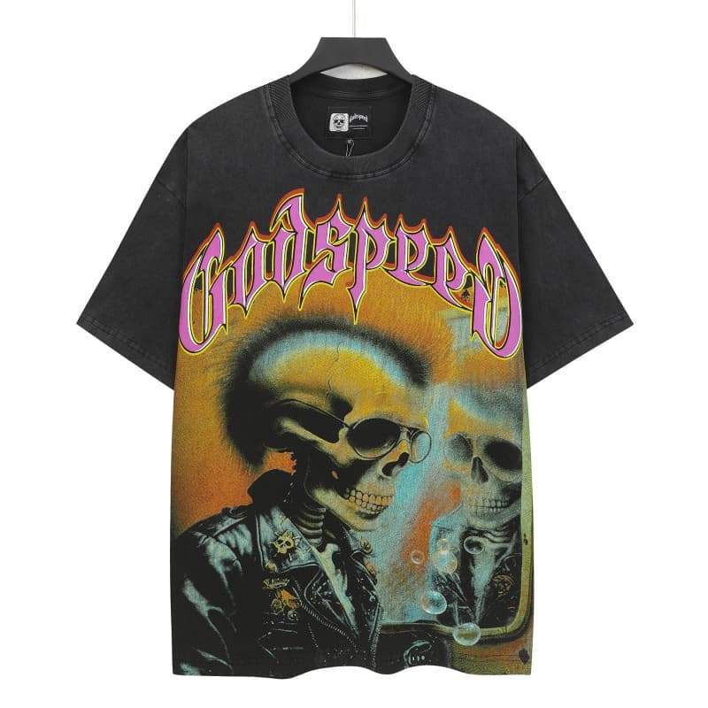 Áo Thun Oversized Phong Cách Punk Mohican với In Đầu Lâu và Hình Ảnh Đau Khổ