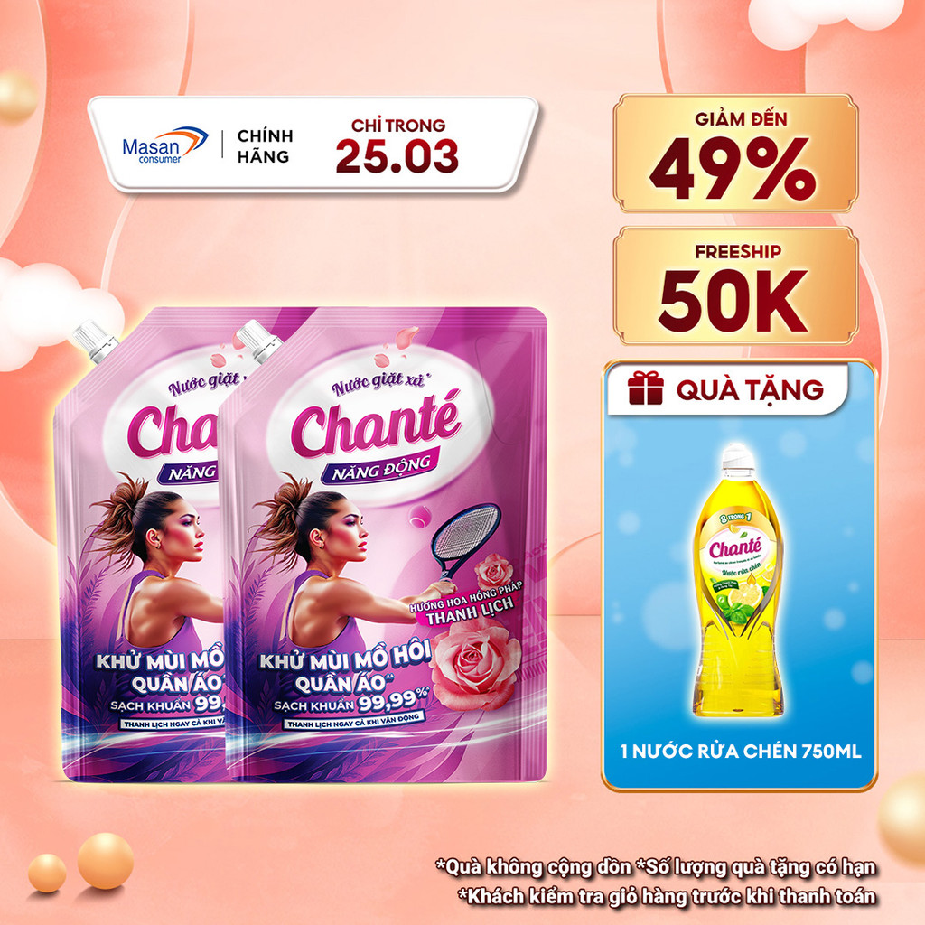 Combo 2 Nước giặt xả Chanté Active cao cấp 8 trong 1 túi x 3.2kg