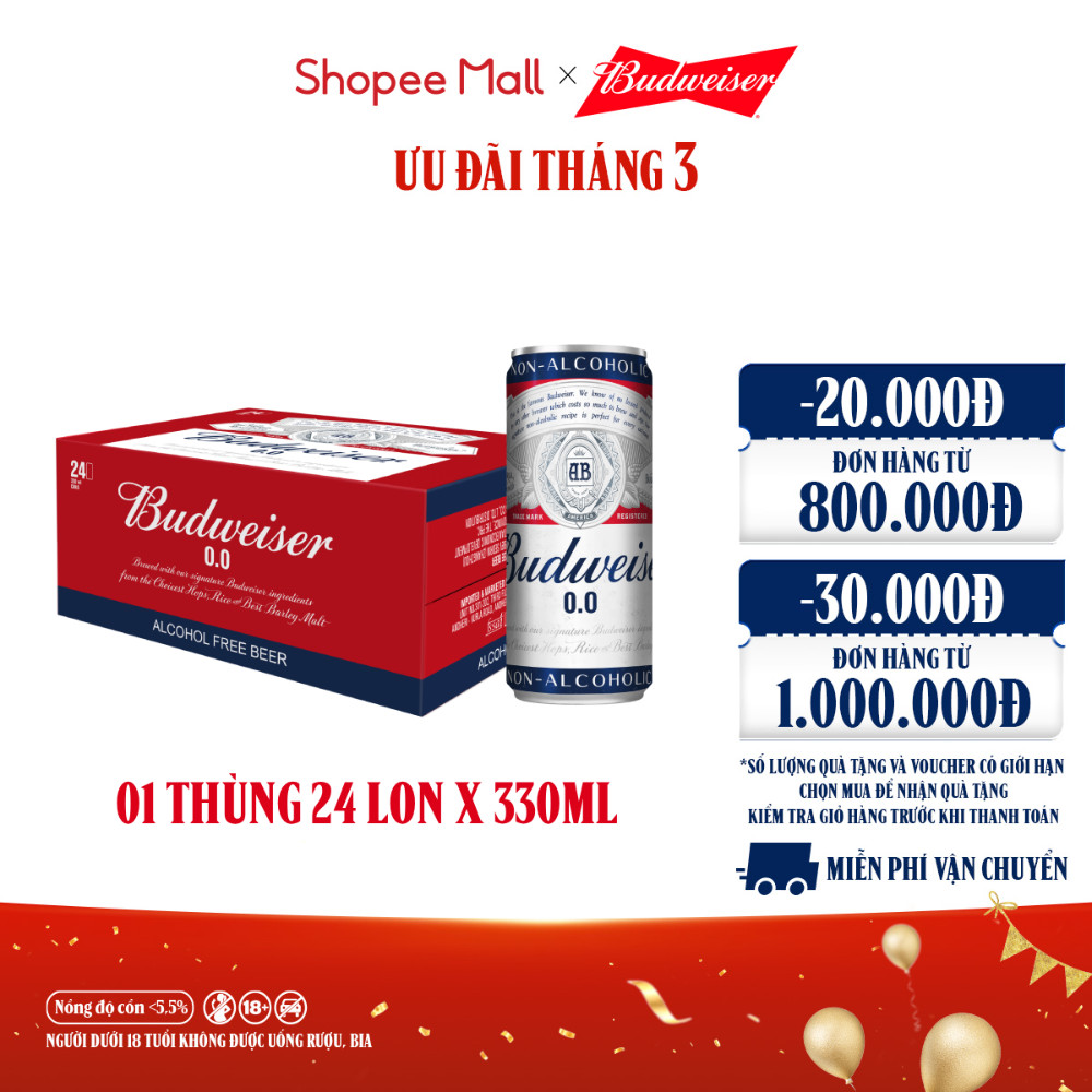 Nồng Độ Cồn 0.0% - Thùng 24 Lon Bia Budweiser Không Độ Cồn (330ml/ lon)