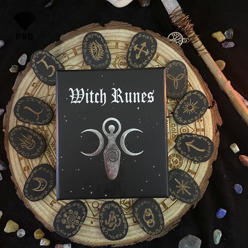 PND Gỗ Runes Bộ Đá Phù Thủy Rune Bộ 14 Chiếc Khắc Rune Biểu Tượng Cho Bói Toán raoog