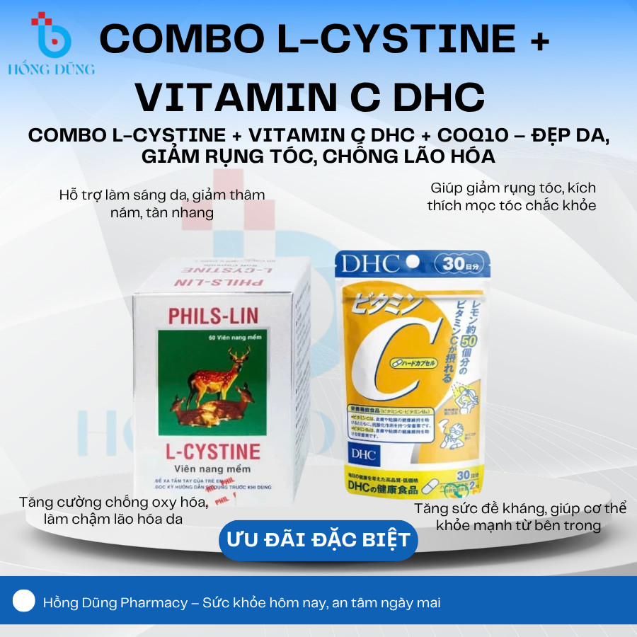 Combo L-Cystine + Vitamin C DHC  – Đẹp Da, Giảm Rụng Tóc, Chống Lão Hóa