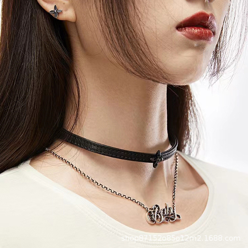 5NA3 SMFK Cross flower choker, same style as Wen Wen's, vintage leather dark street style metal neck