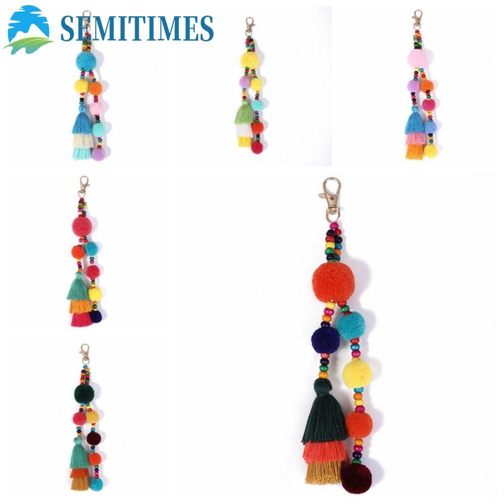 LUNAEDGE Boho Style Hair Ball Tua Rua Móc Khóa, Phong Cách Boho Tua Rua Phong Cách Boho Móc Khóa, Tr