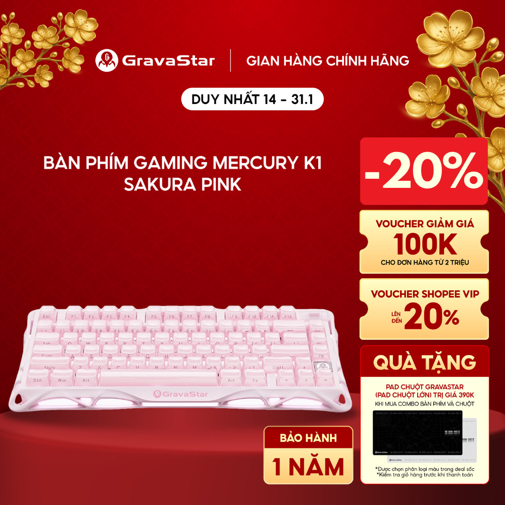 Bàn phím Gaming Gravastar Mercury K1 Sakura Pink - Hàng chính hãng - Bảo hành 12 tháng
