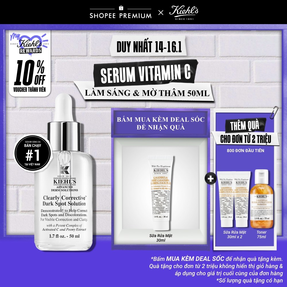 Serum Vitamin C làm sáng da & mờ thâm mụn Kiehl's Clearly Corrective™ Dark Spot Solution 50ml