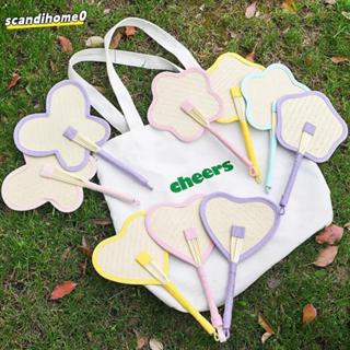 SCANDIHOME0 Quạt Raffia Handmade, Quạt cầm tay dệt nhẹ di động, Tự nhiên với viền đầy màu sắc Quạt lá cọ Mặt dây chuyền trang trí nội thất