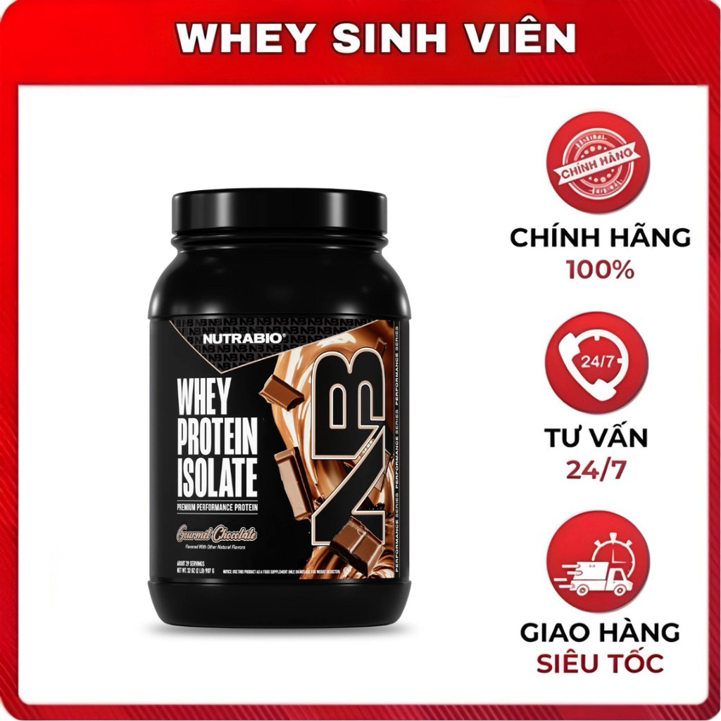 Bột protein NutraBio Whey Protein Isolate 2Lbs | Whey isolate tinh khiết, hỗ trợ bổ sung đạm -  whey