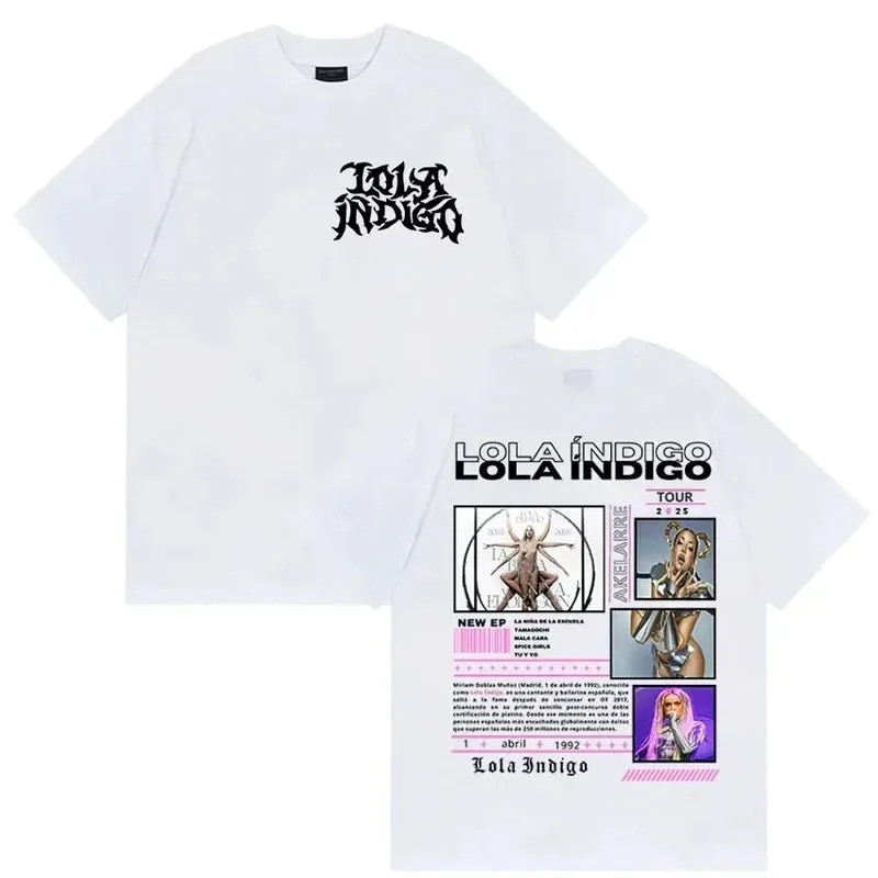 "Áo thun hai mặt ngoại cỡ Lola Indigo Tour: Logo thương hiệu Gothic ở mặt trước + mặt sau có biển hi